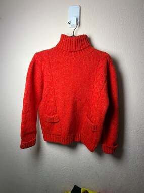 G.W. Vintage 100% Wool Red Cable Knit Turtleneck Sweater with Pockets Size L